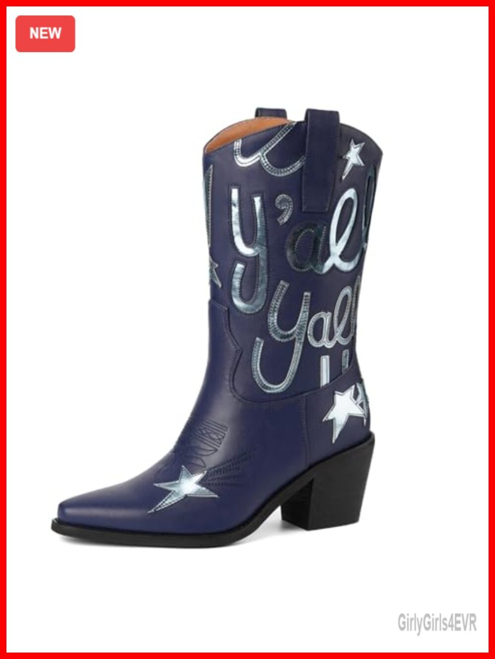 WRFCZGF Women's Mid Calf Cowboy Boots Pointed Toe Faux Leather Pull On Western